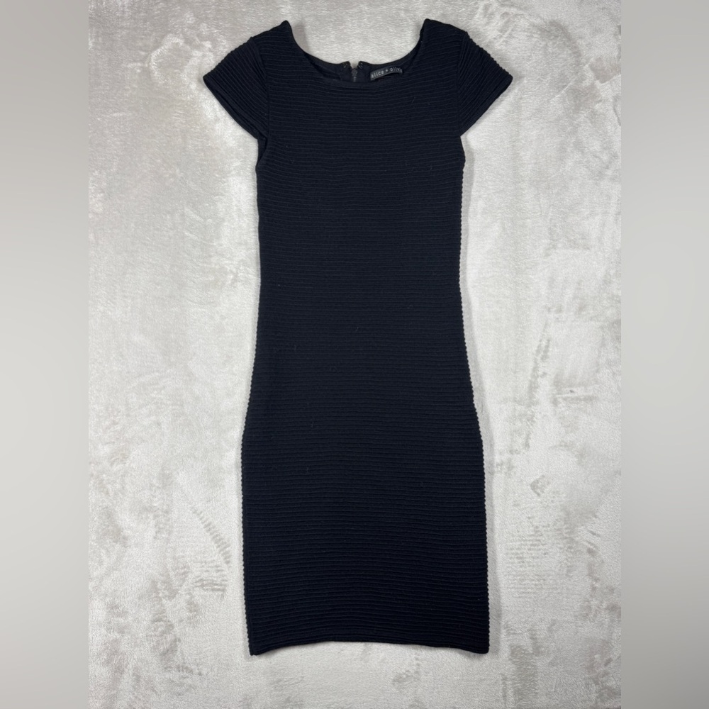 Alice + Olivia Black Ribbed Cap-Sleeve Mini Dress 100% wool